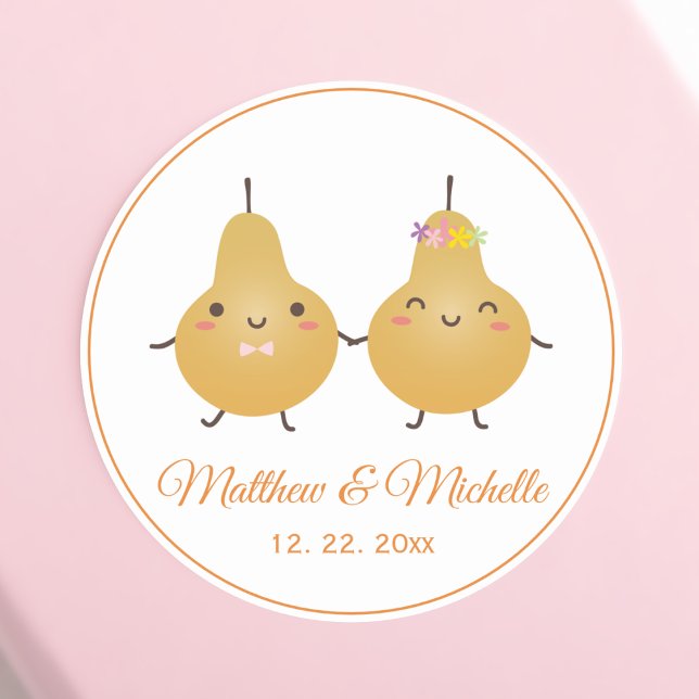 Sticker Rond Cartoon mignon Parfait Pear Couple Wedding Favoris (Créateur téléchargé)