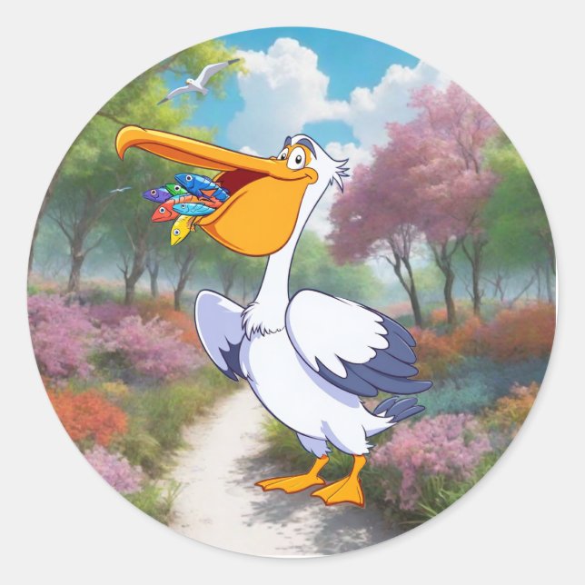 Sticker Rond Cartoon mignon Pélican avec Poisson, Oiseau de mer (Devant)