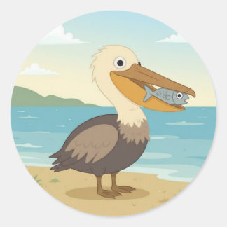 Sticker Rond Cartoon mignon Pélican, oiseau de mer