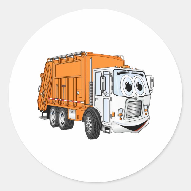 Sticker Rond Cartoon Orange blanc souriant de camion-poubelle (Devant)