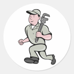 Sticker Rond Cartoon Plumber avec clé de singe en marche