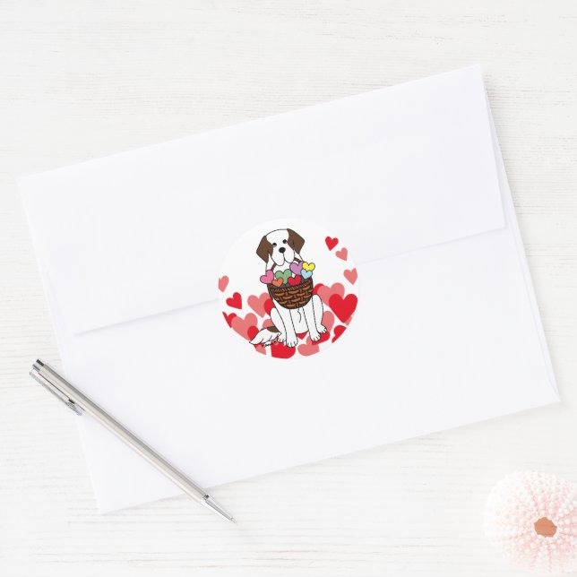 Sticker Rond Cartoon Saint Bernard avec corbeille (Enveloppe)