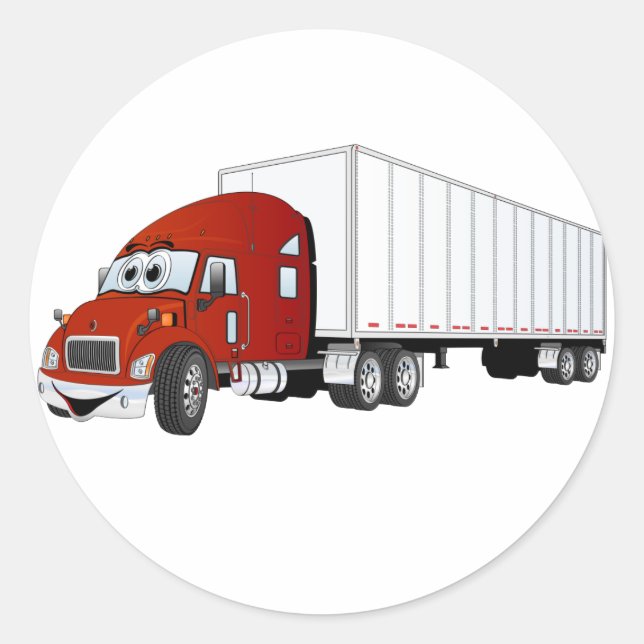 Sticker Rond Cartoon semi-camion rouge blanc remorque (Devant)