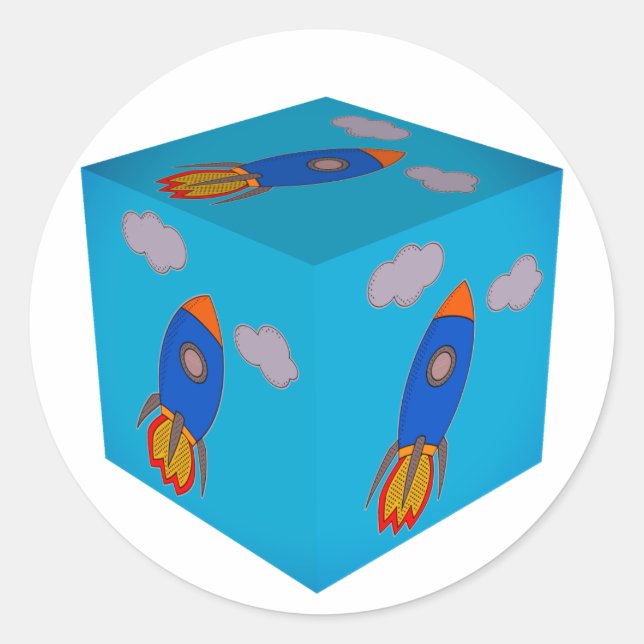 Sticker Rond Cartoon Space Rocket Flying Et Blue Sky Cube (Devant)