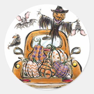 Sticker Rond Cas de Pumkin Patch Truck with bats scarecrow bird