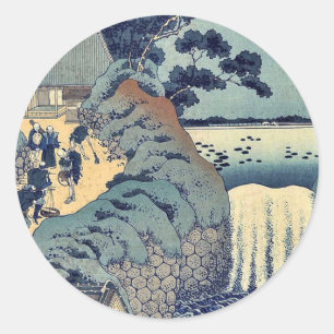 Sticker Rond Cascade d'Aoi gaok par Katsushika, Hokusai Ukiyoe