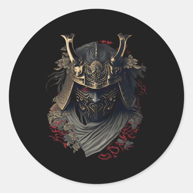 Sticker Rond Casque Samurai Guerrier Bushido Oni Japonais Cultu (Devant)