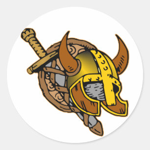 Sticker Rond Casque Viking, épée et tatouage Bouclier