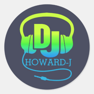 Sticker Rond Casques DJ vert bleu ajouter votre nom