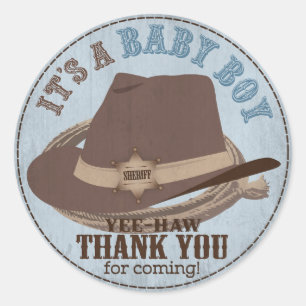 Sticker Rond Casquette Cowboy et corde Baby shower occidental