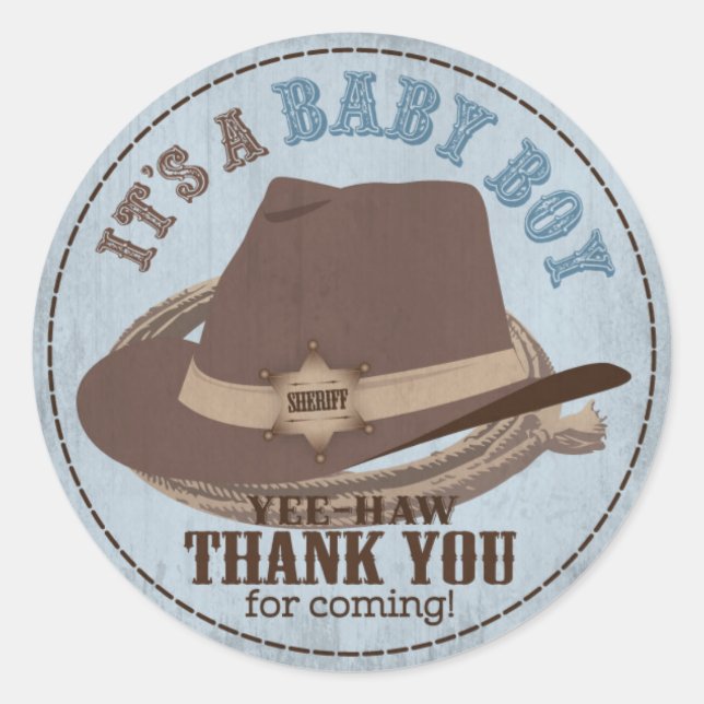 Sticker Rond Casquette Cowboy et corde Baby shower occidental (Devant)