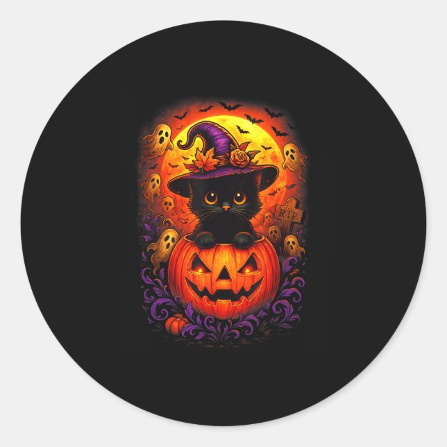 Sticker Rond Casquette de chats noirs Citrouille Drôle Hallowee (Devant)