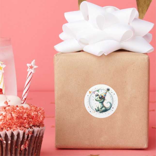 Sticker Rond Casquette de fête mignonne Dinosaur Anniversaire F (Fête)