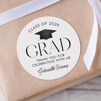 Sticker Rond Casquette de graduation moderne en noir et blanc