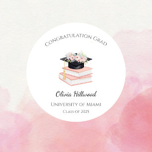 Sticker Rond Casquette de remise des diplômes florale rose Nom 