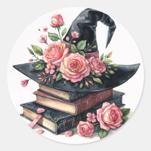 Sticker Rond Casquette Sorcière Sur Livres Avec Roses Roses Ros