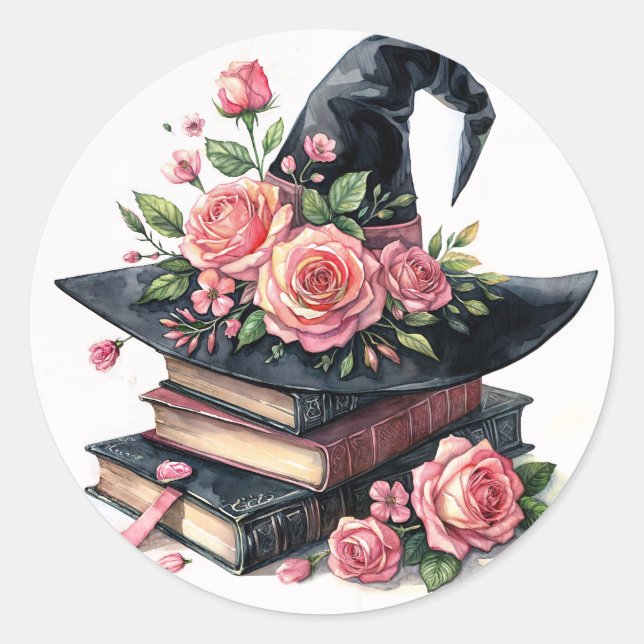 Sticker Rond Casquette Sorcière Sur Livres Avec Roses Roses Ros (Devant)