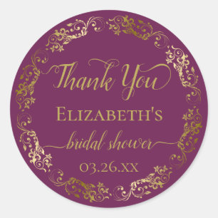 Sticker Rond Cassis Violet et Or Broderie Remerciements de Baby