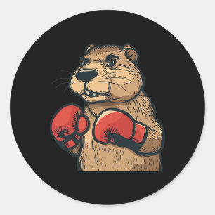 Sticker Rond Castor Drôle Avec Gants De Boxe Rouge Costume