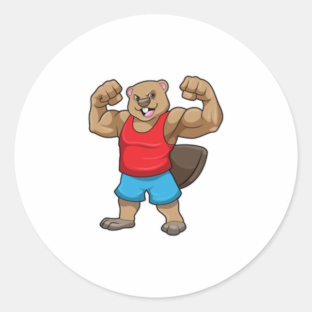 Sticker Rond Castor en Bodybuilder avec gros bras (Devant)