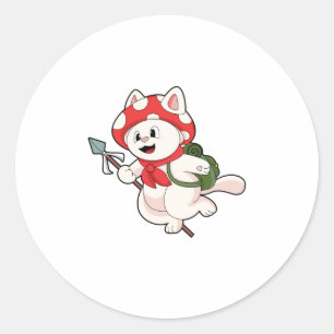 Sticker Rond Cat as Mushroom picker with Mushroom