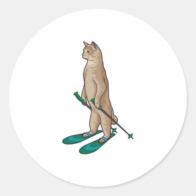 Sticker Rond Cat as Skier with Ski & Ski poles (Devant)