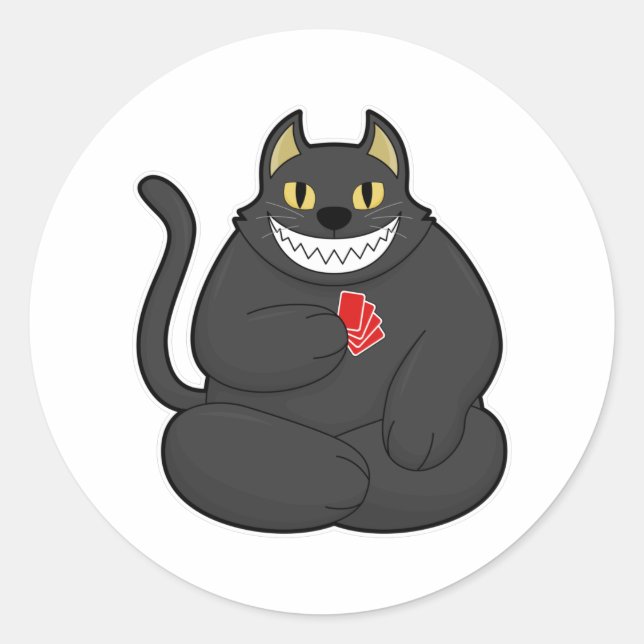 Sticker Rond Cat at Poker avec cartes de Poker (Devant)