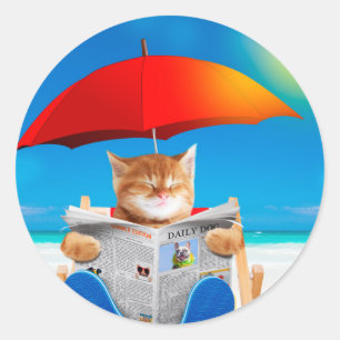Sticker Rond Cat At The Beach