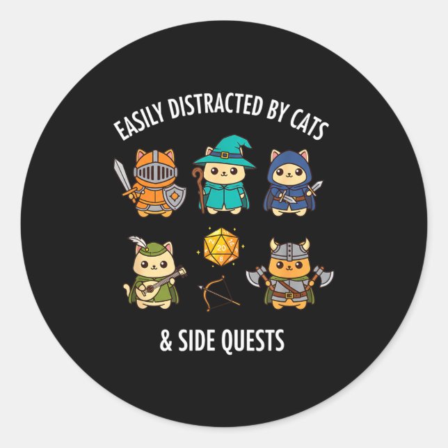 Sticker Rond Cat Easily Distracted By Cat &amp; Side Quests Rpg (Devant)