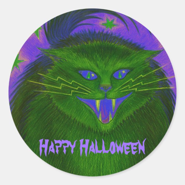 Sticker Rond Cat effrayant Vert 'Happy Halloween' (Devant)