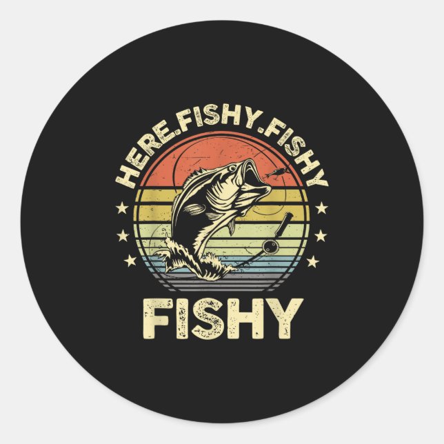 Sticker Rond Cat Fishing-shirt Here-fishy B Fish Funny Dad  (Devant)