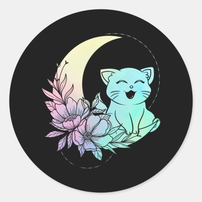 Sticker Rond Cat mystique Croissant Lune Pastel Goth Wicca (Devant)