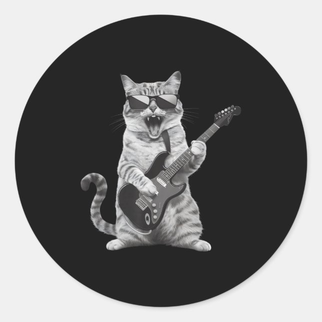 Sticker Rond Cat Playing Guitar Rock Star Rock And Roll Men Wom (Devant)