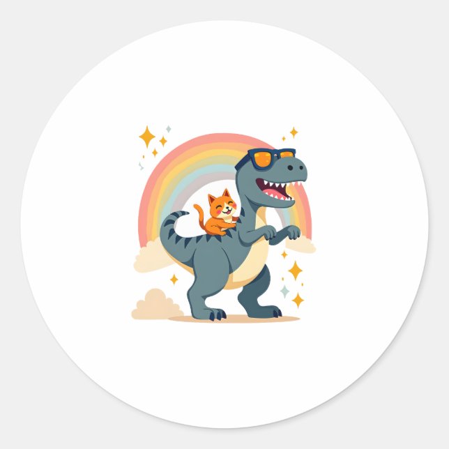 Sticker Rond Cat Riding Dinosaur T-Rex Kitten Rainbow Dino Funn (Devant)