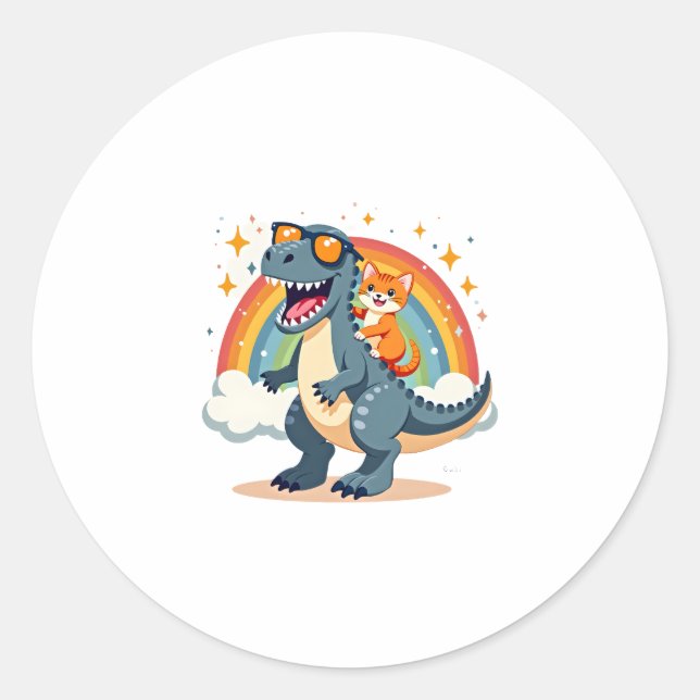 Sticker Rond Cat Riding Dinosaur T-Rex Kitten Rainbow Dino Funn (Devant)