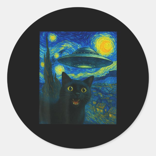 Sticker Rond Cat Selfie With Alien Ufo Night Van Gogh Men Women (Devant)