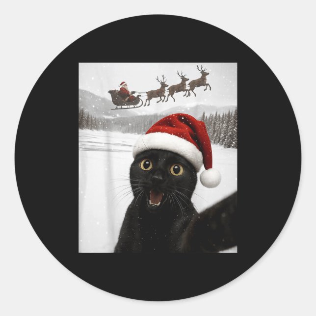 Sticker Rond Cat Selfie With Santa Funny Black Cat Christmas Me (Devant)