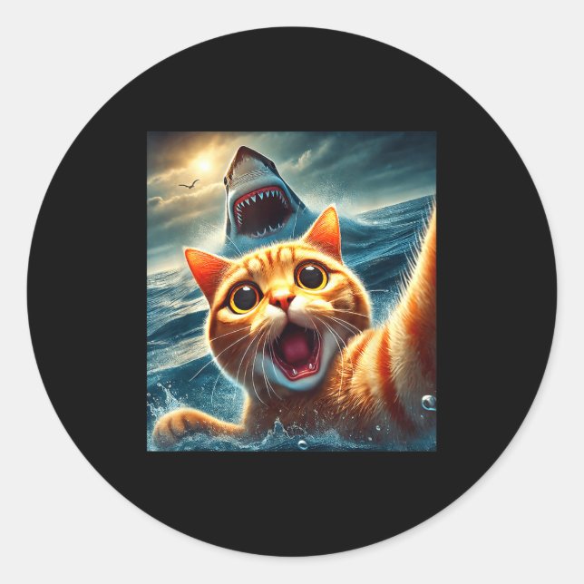Sticker Rond Cat Selfie With Shark Funny  (Devant)