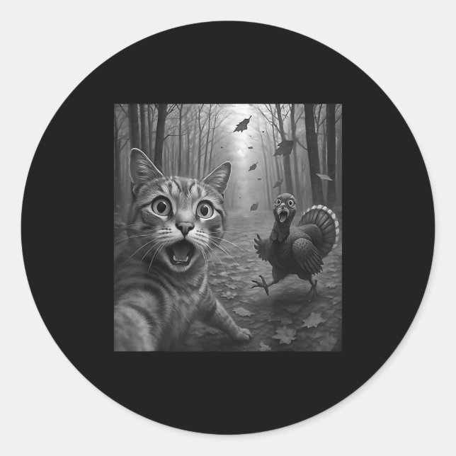 Sticker Rond Cat Selfie With Turkey Funny Happy Thanksgiving Da (Devant)