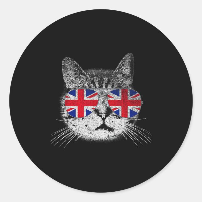 Sticker Rond Cat Shirt Union Jack Flag Country Retro England Br (Devant)