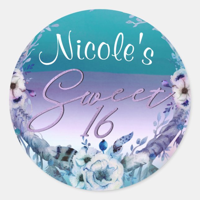 Sticker Rond Catcher de rêve violet et Turquoise Boho Sweet 16  (Devant)