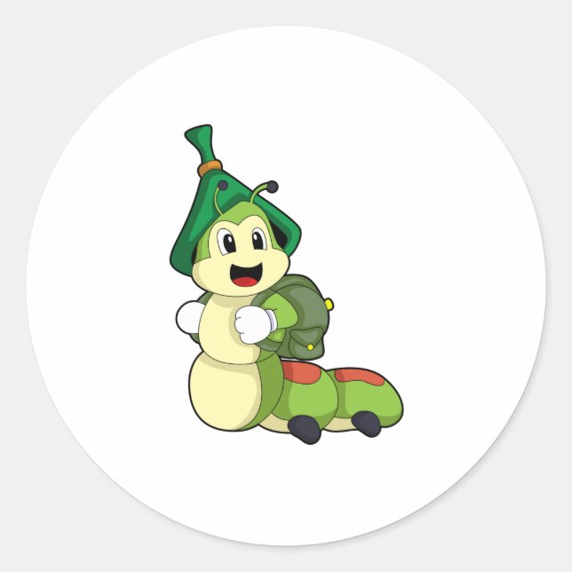 Sticker Rond Caterpillar en tant qu'étudiant avec sac à dos (Devant)
