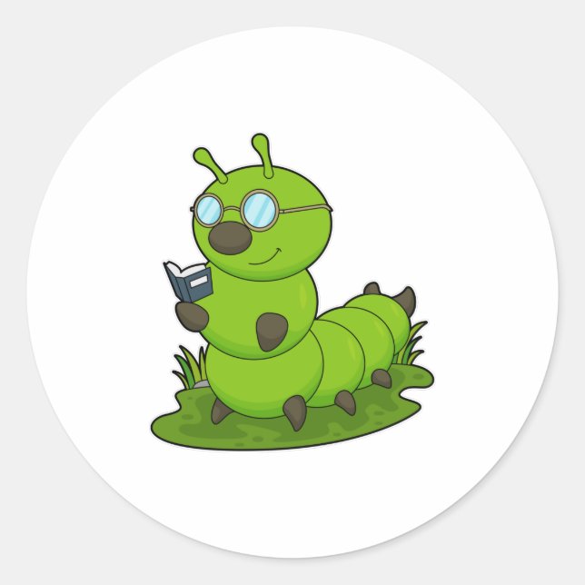 Sticker Rond Caterpillar Nerd avec lunettes et livre (Devant)