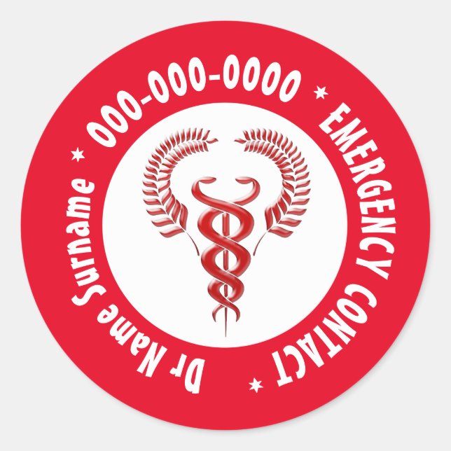 Sticker Rond Catéus rouge en blanc avec contact d'urgence (Devant)