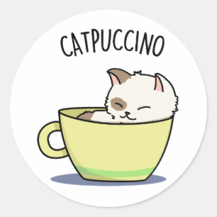 Sticker Rond Catpuccino Funny Kitty Chat En Pun De Coupe