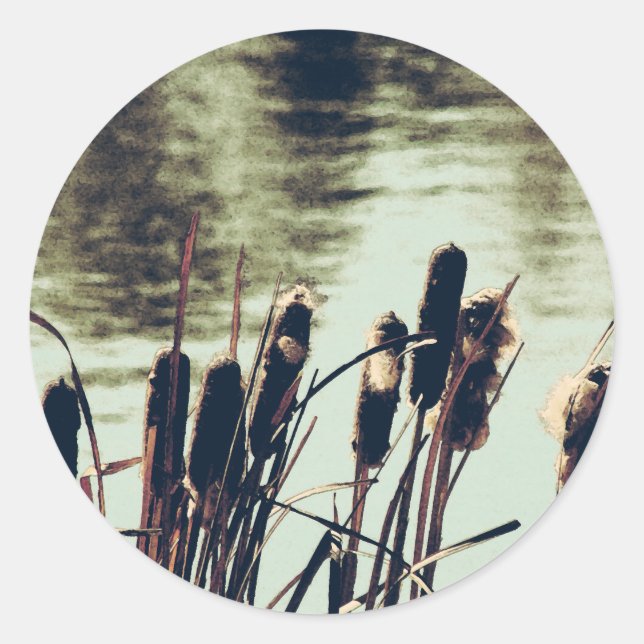 Sticker Rond Cattails, Plantes d'étang (Devant)