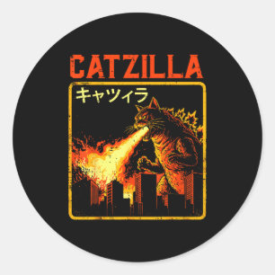 Sticker Rond Catzilla Chat Monstre Drôle Parodie Japonaise Femm