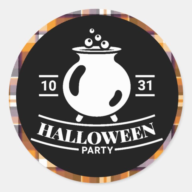 Sticker Rond Cauldron Halloween Party Noir/Orange Plaid (Devant)