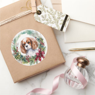 Sticker Rond Cavalier King Christmas Wreath Festive Pup