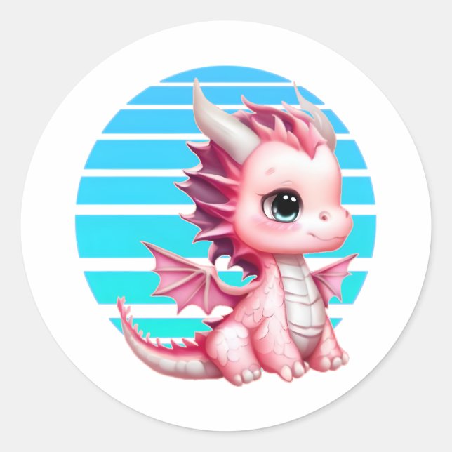 Sticker Rond Ce design présente un dragon rose mignon avec un g (Devant)
